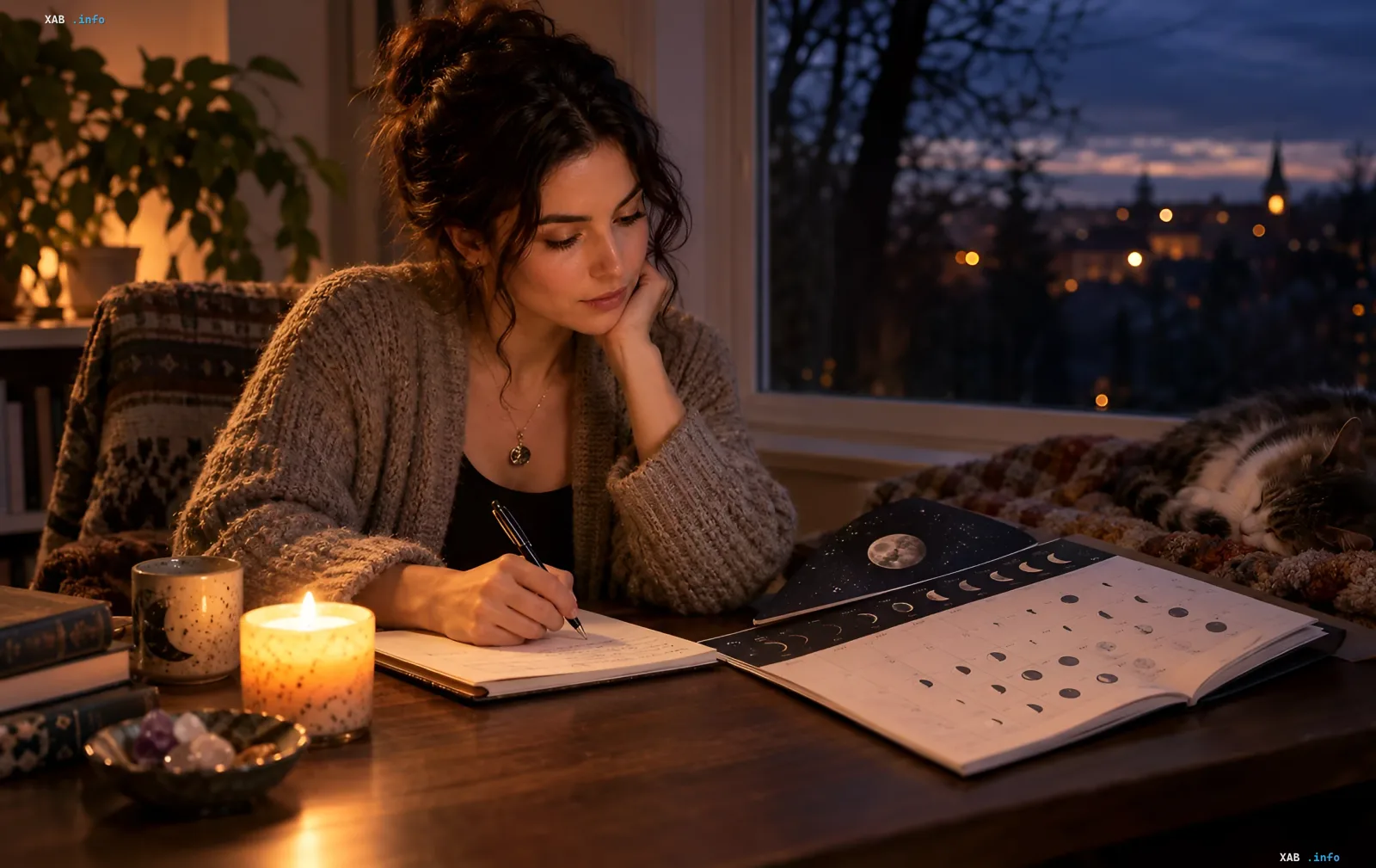 Woman at a desk at night writing an astrological forecast and taking notes by candlelight