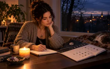 Woman at a desk at night writing an astrological forecast and taking notes by candlelight