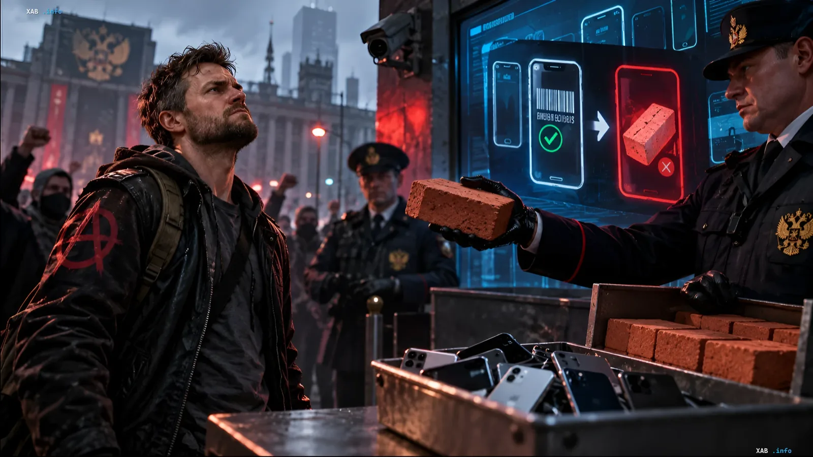 Ein Mann in einer Jacke mit Anarchisten-Symbol blickt vor einem digitalen Bildschirm und einer Kiste mit Ziegelsteinen und Smartphones einen Polizisten an