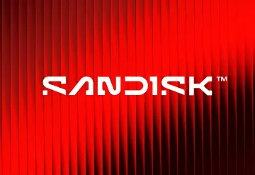 Sandisk logo against a red vertical textured background