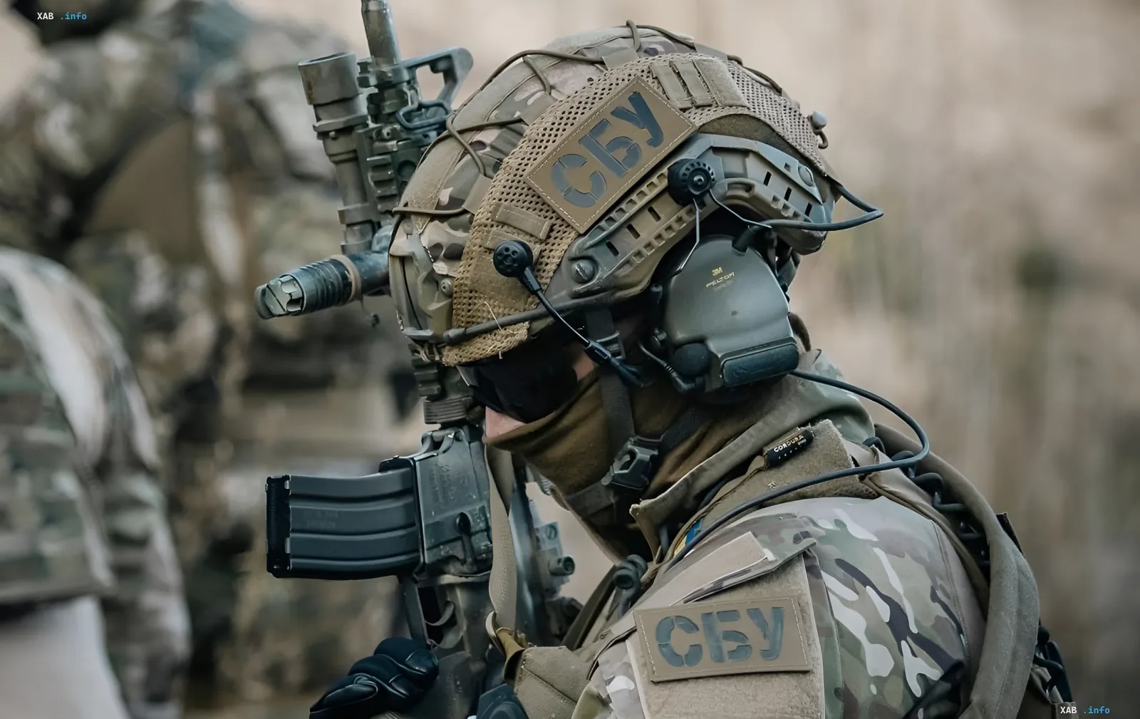SBU Alpha special forces operative in full tactical gear with helmet and rifle