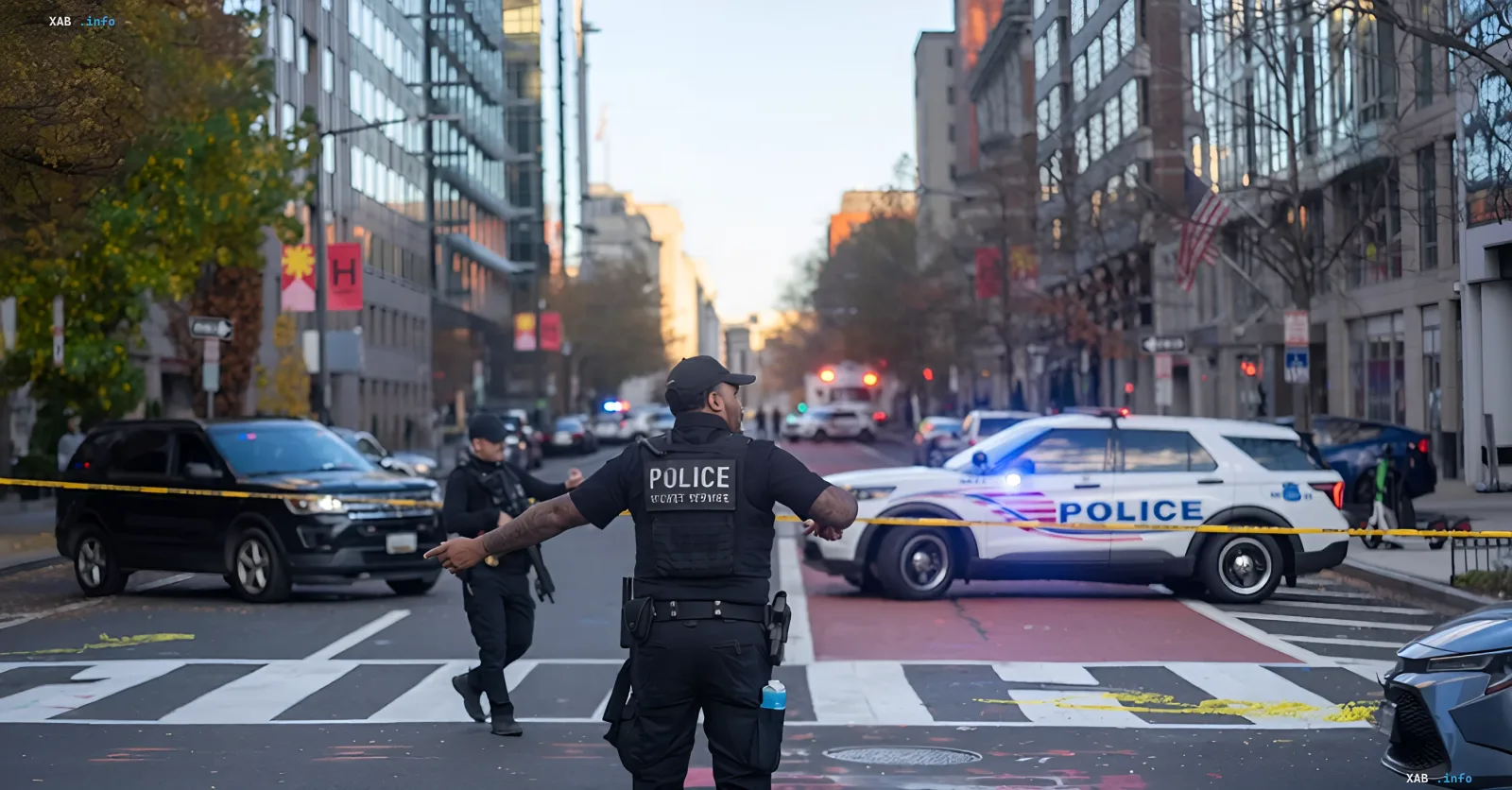 Police officers and patrol cars with flashing lights at a cordoned-off shooting scene in the city