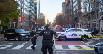 Polizeibeamte und Streifenwagen mit Blaulicht an einem abgesperrten Tatort in der Stadt