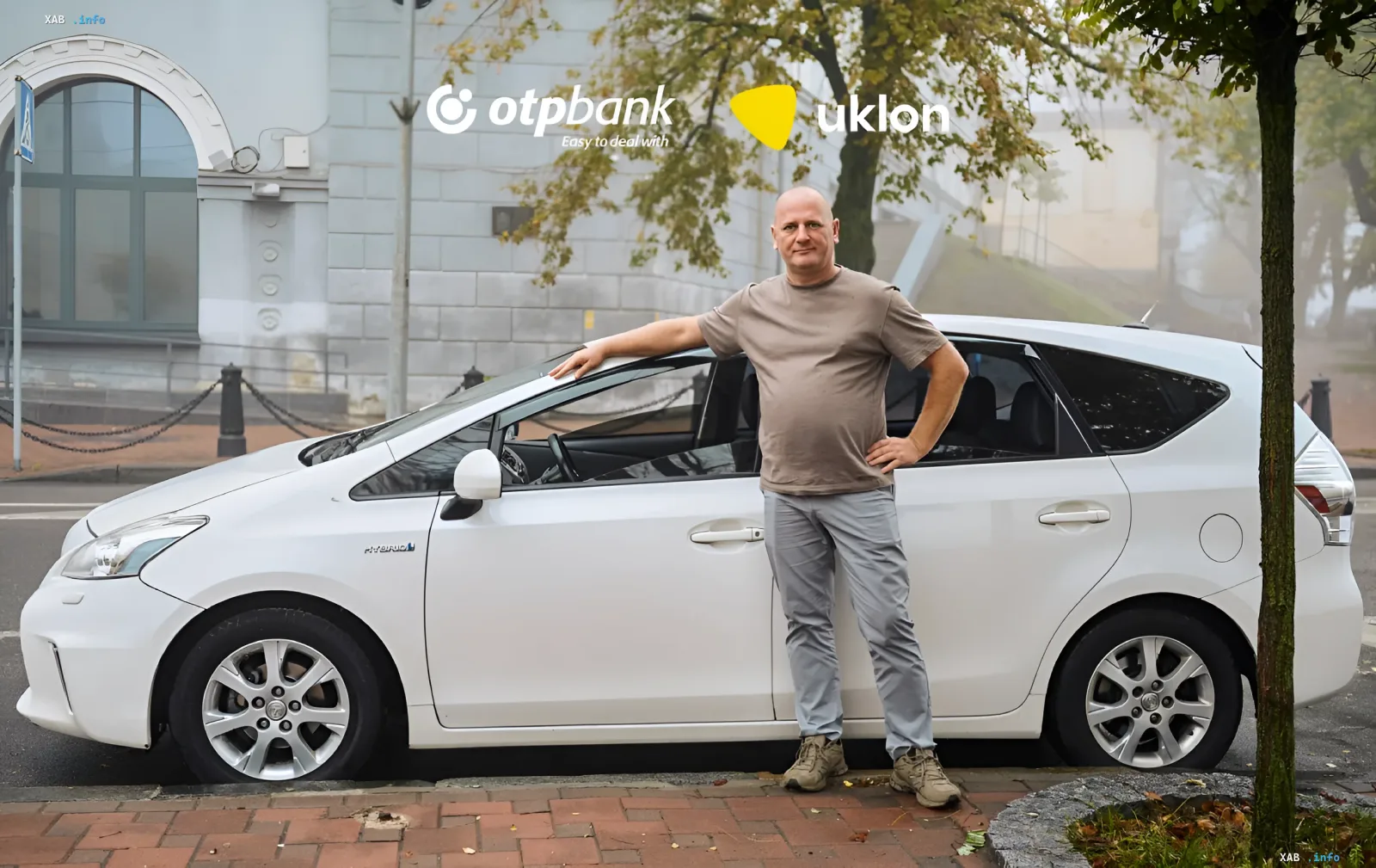 Водитель Uklon стоит рядом со своим белым автомобилем Toyota Prius на улице города