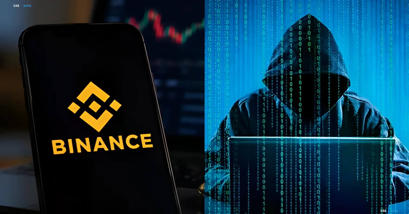 смартфон з логотипом Binance поруч із хакером у капюшоні на тлі цифрового коду