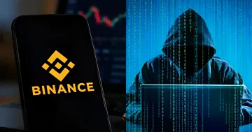 smartphone with Binance logo next to a hooded hacker against a digital code background