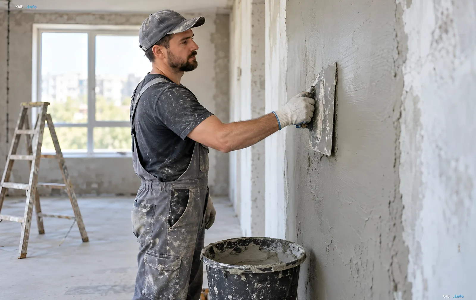 Construction worker in overalls and cap smoothing a wall with a trowel at a site