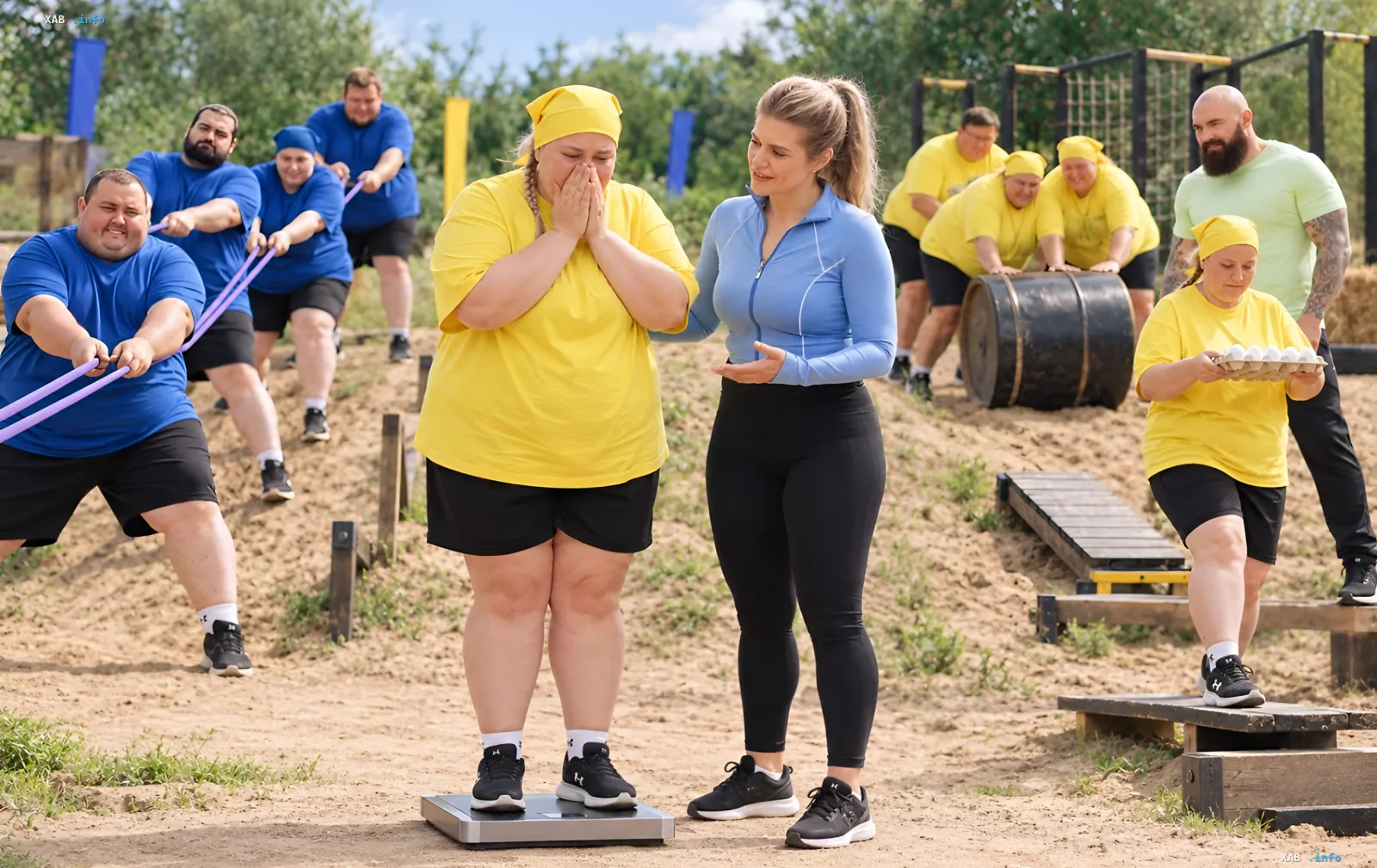 Teilnehmer und Trainerin der Show Zvazhenykh ta Shchaslyvykh beim Wiegen und Hindernisparcours